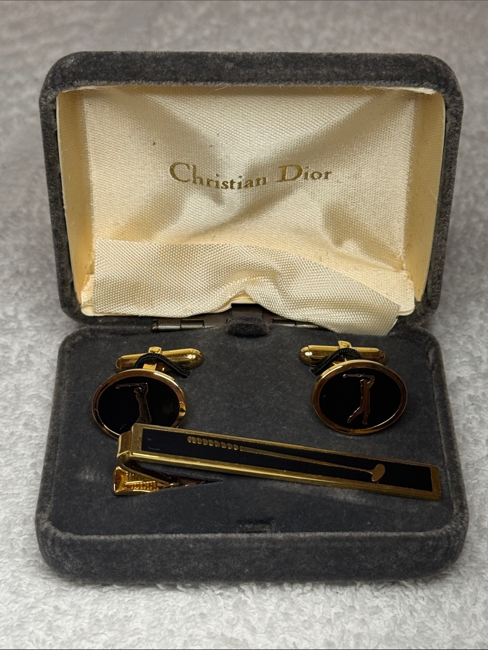 Vintage Christian Dior GOLF Gold/Black Matching tie clip and cuff links.